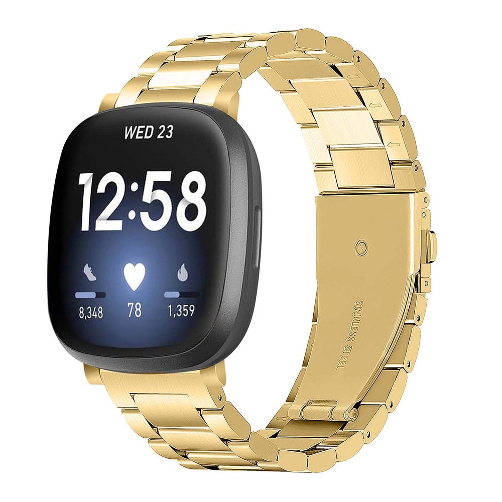 MVRYCE Versa 3 Smartwatch Band, Solid Stainless Steel Watchband with Folding Clasp Accessory Straps Replacement Business Wristbands Compatible for Versa 3/Sense for Women Men (Gold)