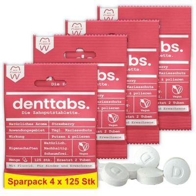 Toothbrush Tablets Denttabs Kids Strawberry (Pack of 4 x 125) Plastic-Free with Fluoride