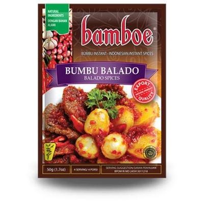 Bamboe Instant Balado Spices (Bumbu Balado) 50g -Bumbu Balado is a Chilli Based Sauce originated from Sumatra