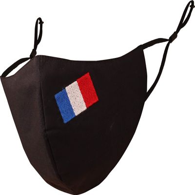 Touchstone French Flag embroidered 3 layer large size cotton face masks reusable machine washable adjustable for men, women. (Pack of 1). Black