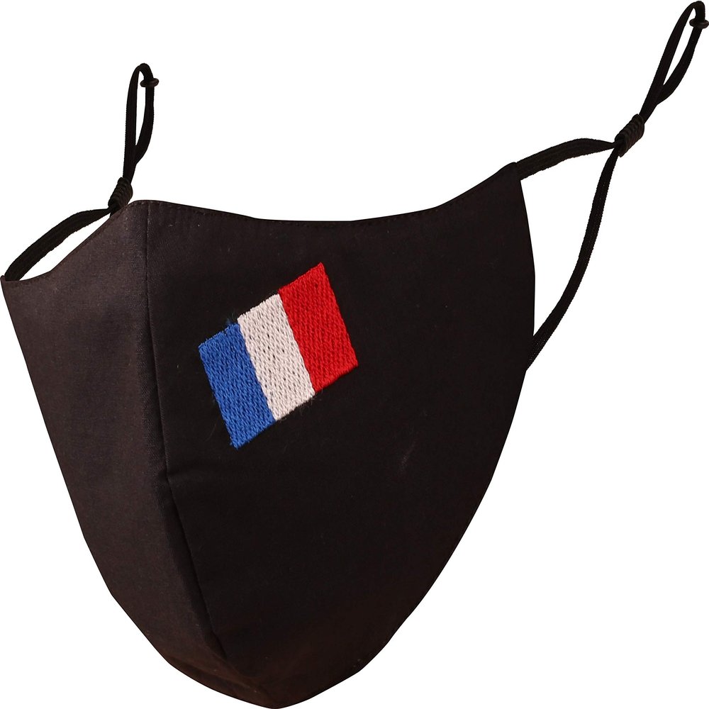 Touchstone French Flag embroidered 3 layer large size cotton face masks reusable machine washable adjustable for men, women. (Pack of 1). Black