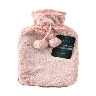 Olivia Rocco Plain Faux Fur Hot Water Bottle with Pom Poms Thermotherapy Hotwater Plush Fleece Bottles Winter Gift, Two Tone Pink