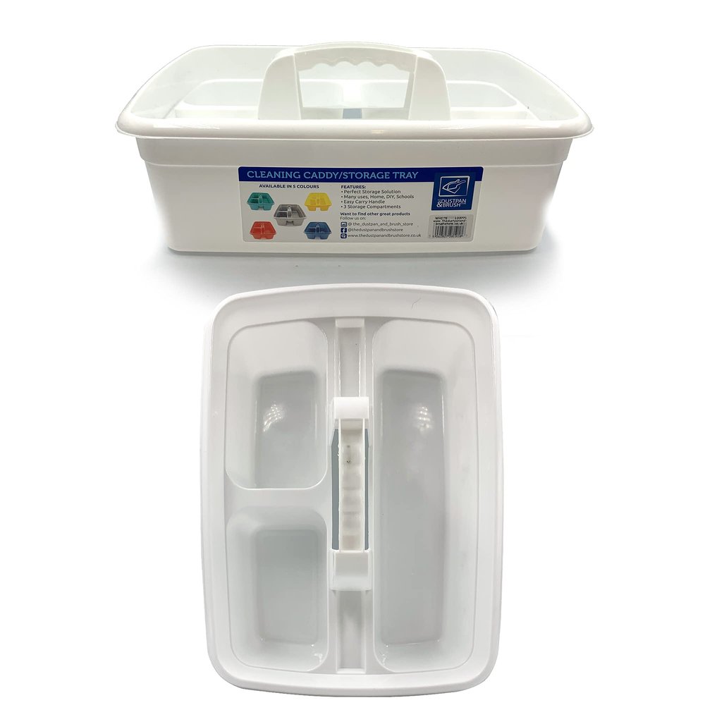 TDBS The Dustpan and Brush Store Cleaning Caddy with Handle Cleaners Caddy Organiser Carry Baskets for Cleaning Products (White)