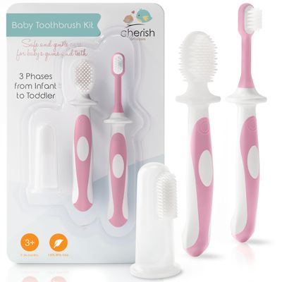 Cherish Baby Care 0-2 Years Toothbrush Kit - Safety-Tested & BPA-Free 3-Pack (Finger, Silicone, Toddler Toothbrushes) - Baby's First Toothbrush Kit (Pink)