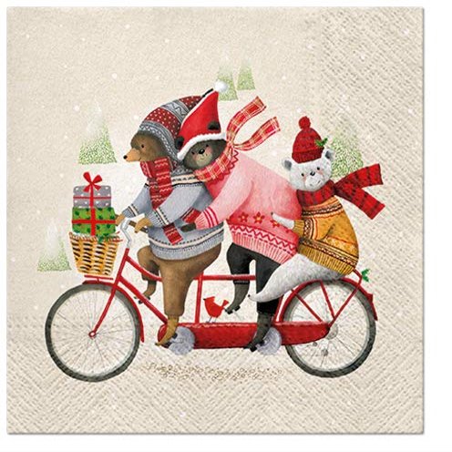 20 Napkins Winter Bears on Bicycle Animals Children Christmas 33 x 33 cm