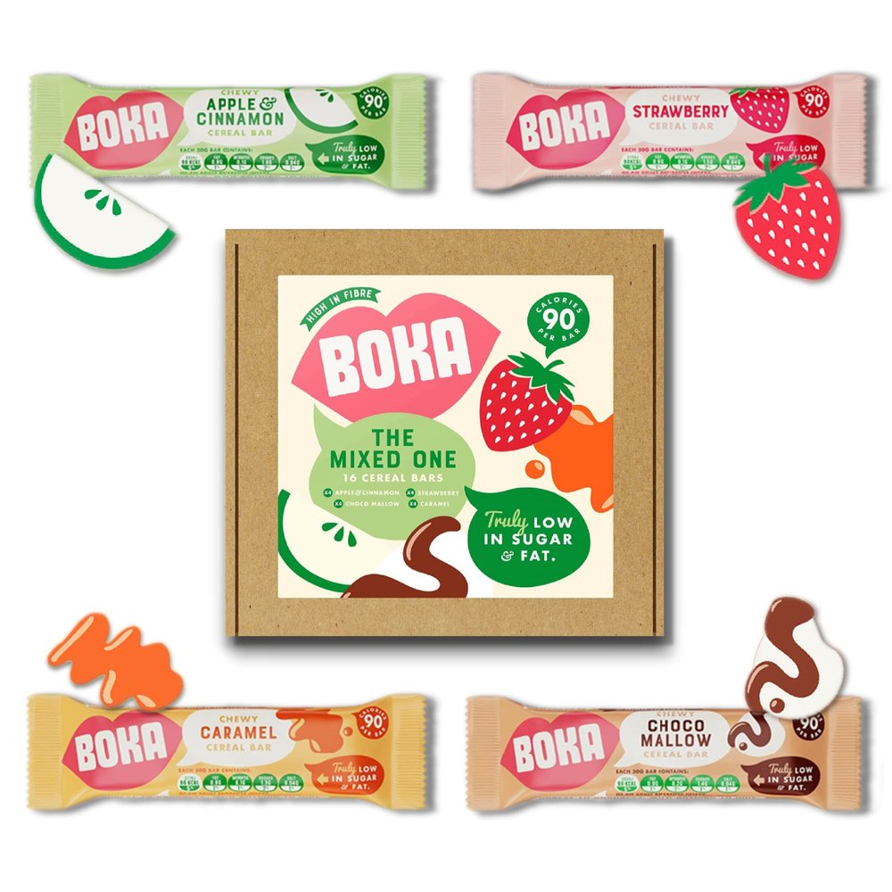 Boka Food Mixed pack of 16 x 30g Cereal bars. - 4 Flavours of Healthy Cereal Bars, Low Sugar & Low Fat Snack Bars, High Fibre Breakfast Bars, Vegan Snacks - Perfect for Kids & Adults