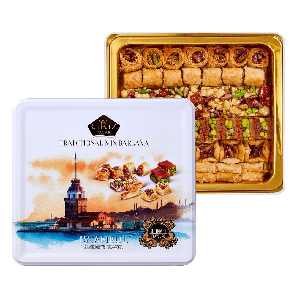 Cerez Pazari Premium Assorted Baklava Gift Metal Box 600g Apprx.45-48 pcs, Turkish Pistachio, Almond, Walnut, Cashew, Hazelnut Traditional Dessert, GMO Free, No Preservatives, No Additives