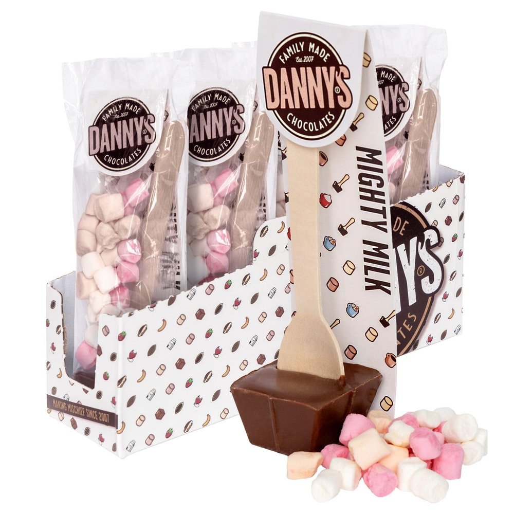 Danny's Premium Hot Chocolate Spoons with Marshmellows | 4 x Large 50g | Mighty Milk & Mallows Hot Chocolate Stirrer | Stocking Fillers | Christmas Eve Box