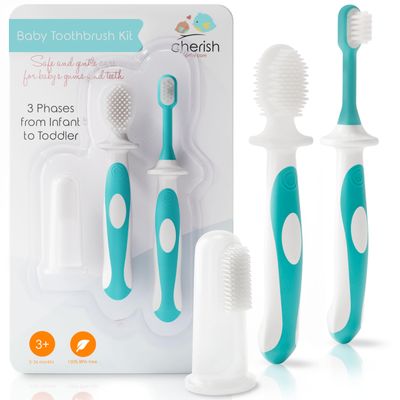 Cherish Baby Care Baby Toothbrush 0-2 Years - BPA-Free & Safety-Tested Newborn to Toddler Toothbrush Set, 2023 Award Winner, Food-Grade Silicone (Teal)