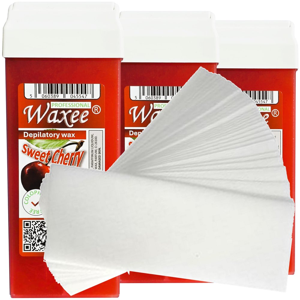 3 x 100ml roll on roller wax cartridge and 50 waxing strips Waxee (Wide roller (legs & body), Cherry)
