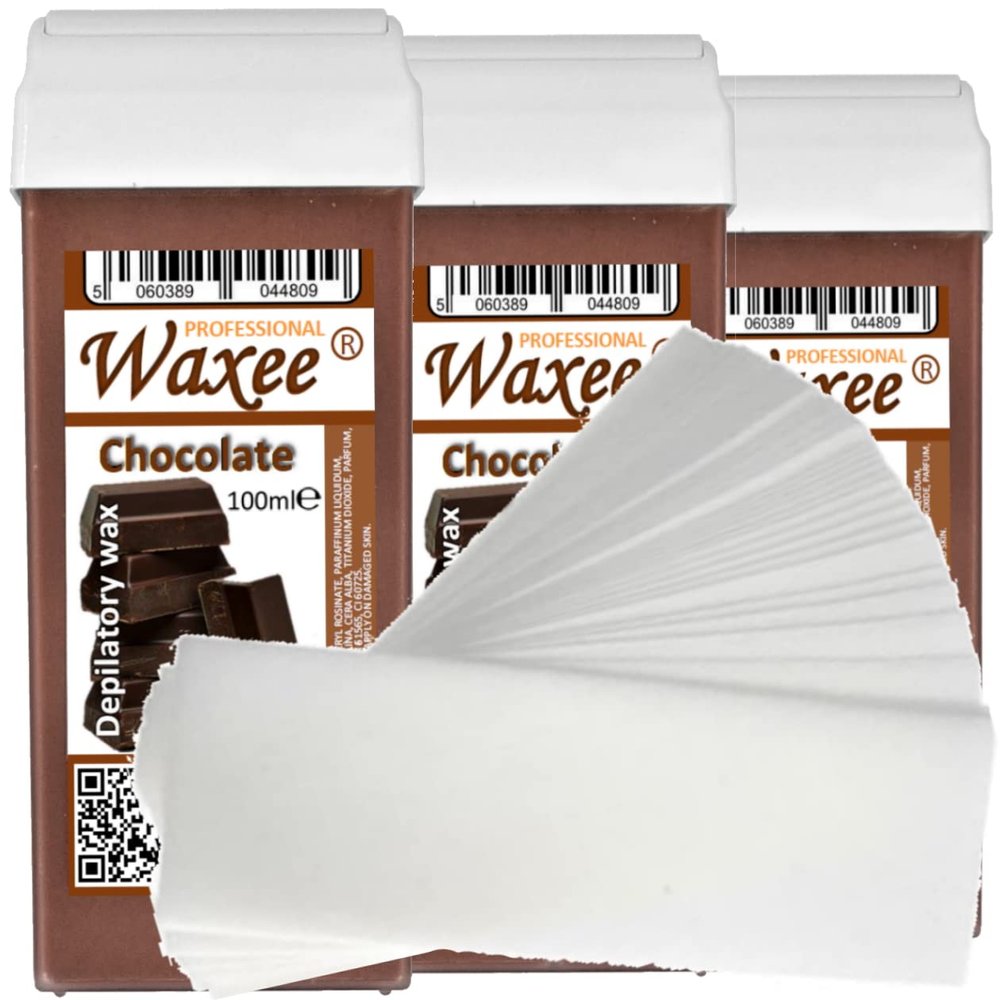 3 x 100ml roll on roller wax cartridge, Chocolate + 50 waxing strips from UK brand WAXEE!