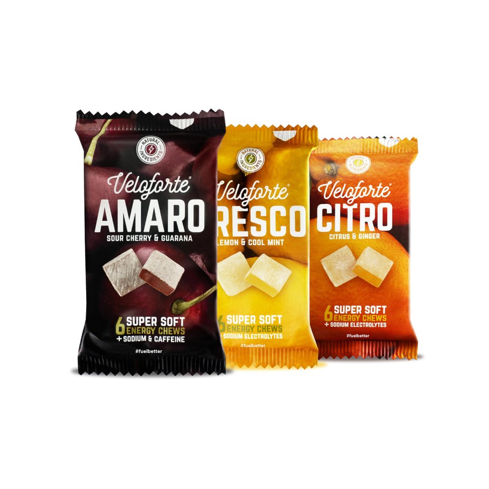 Veloforte Energy Chews - Super-soft, 44g carbs, Electrolytes, Natural Alternative to Energy Drinks, Gels, Fast Energy Nutrition for Running, Cycling, Endurance, Vegan Bloks (9 Pack)