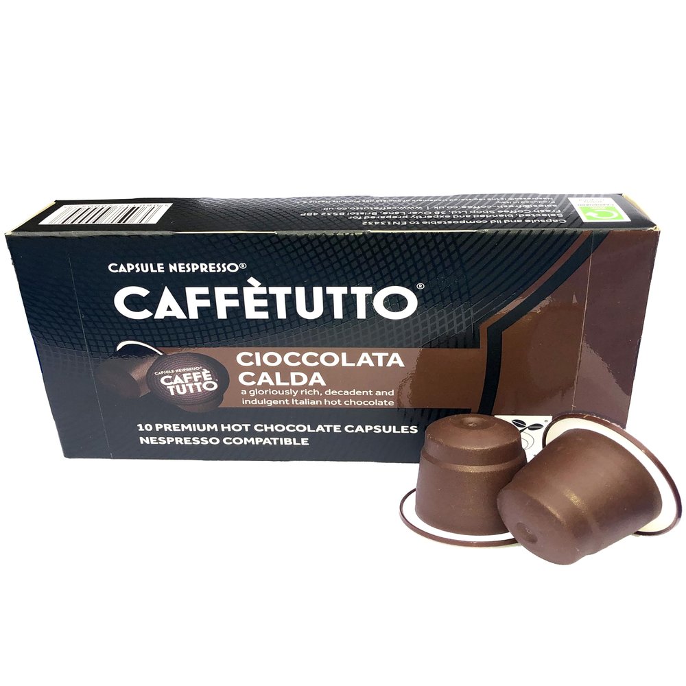 Cafftutto Plastic Free Nespresso Compatible Capsules | Hot Chocolate - Cioccolata Calda | Compostable - Biodegradable - Climate Neutral (6 Packs of 10 Capsules)