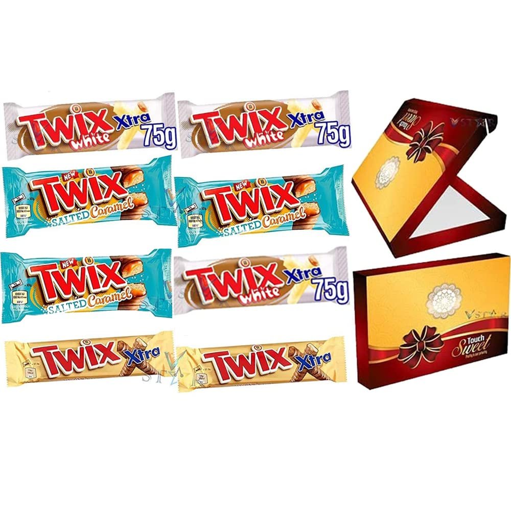 8 x Mixed TWIX. Xtra, White Xtra,Salted Caramel Bars with Box (V Star)