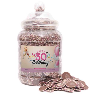 30th Birthday Gift - Milk Chocolate Jazzies - Happy Birthday 30th Pink - Large Jar - 1500grams