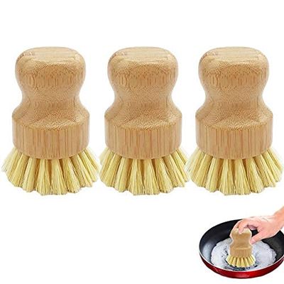 3 Pack Bamboo Dish Scrub Brushes,Kitchen Cleaning Scrubbers Mini Palm Scrub Brush Kit for Cast Iron Skillet,Pots,Pans,Vegetable,Kitchen Sink,Bathroom,Household Cleaning