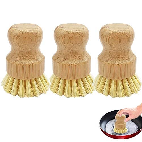 3 Pack Bamboo Dish Scrub Brushes,Kitchen Cleaning Scrubbers Mini Palm Scrub Brush Kit for Cast Iron Skillet,Pots,Pans,Vegetable,Kitchen Sink,Bathroom,Household Cleaning