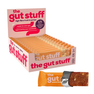 The Gut Stuff High Fibre Fruit & Nut Bars  Gut Friendly Snack, Gluten Free, Vegan, Low Calorie, All Natural - Peanut Butter, 12 x 35g Box