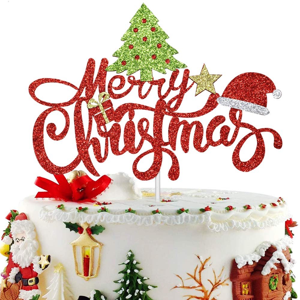 Artczlay Merry Christmas Cake Topper Color Glitter Christmas Party Cake Decoration