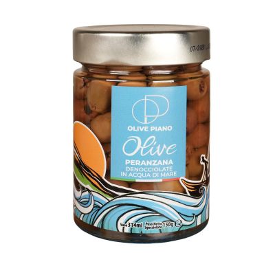 Agricola Piano - Pitted Peranzana Olives in Sea Water 314 ml | Award-Winning Italian Olives - 100% Natural - Authentic Apulian Products - Ideal for Starters, Aperitifs, Salads, Pizza