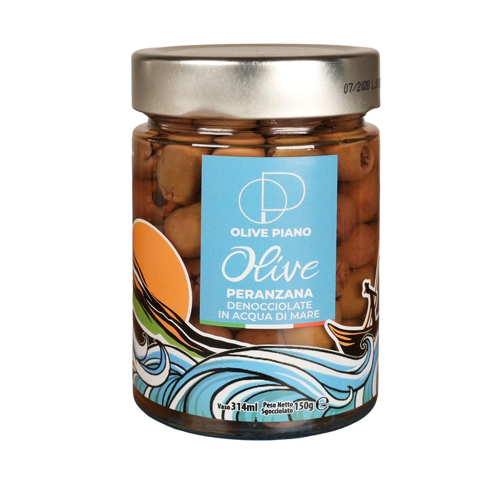 Agricola Piano - Pitted Peranzana Olives in Sea Water 314 ml | Award-Winning Italian Olives - 100% Natural - Authentic Apulian Products - Ideal for Starters, Aperitifs, Salads, Pizza