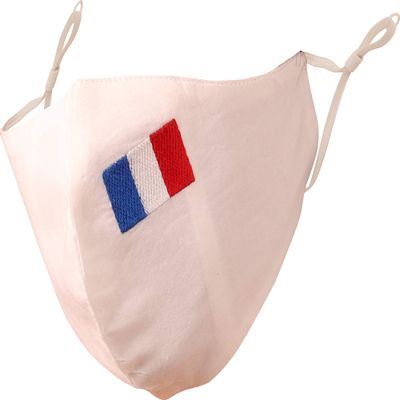 Touchstone French Flag embroidered 3 layer medium size cotton face masks reusable machine washable adjustable for men, women. (Pack of 1). White
