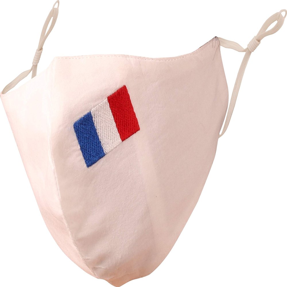 Touchstone French Flag embroidered 3 layer medium size cotton face masks reusable machine washable adjustable for men, women. (Pack of 1). White