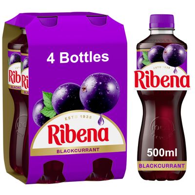 Ribena Blackcurrant Juice Drink 500ml - Multipack of 4 | Real Fruit | Rich In Vitamin C | No Artificial Colours or flavous | Fruity Refreshment | Ready To Drink | 100% Recycled Plastic Bottle