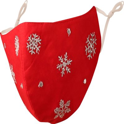 Touchstone Kids Christmas embroidered 3 layer cotton fabric face masks reusable machine washable adjustable for children. (Pack of 1). Silver on Red