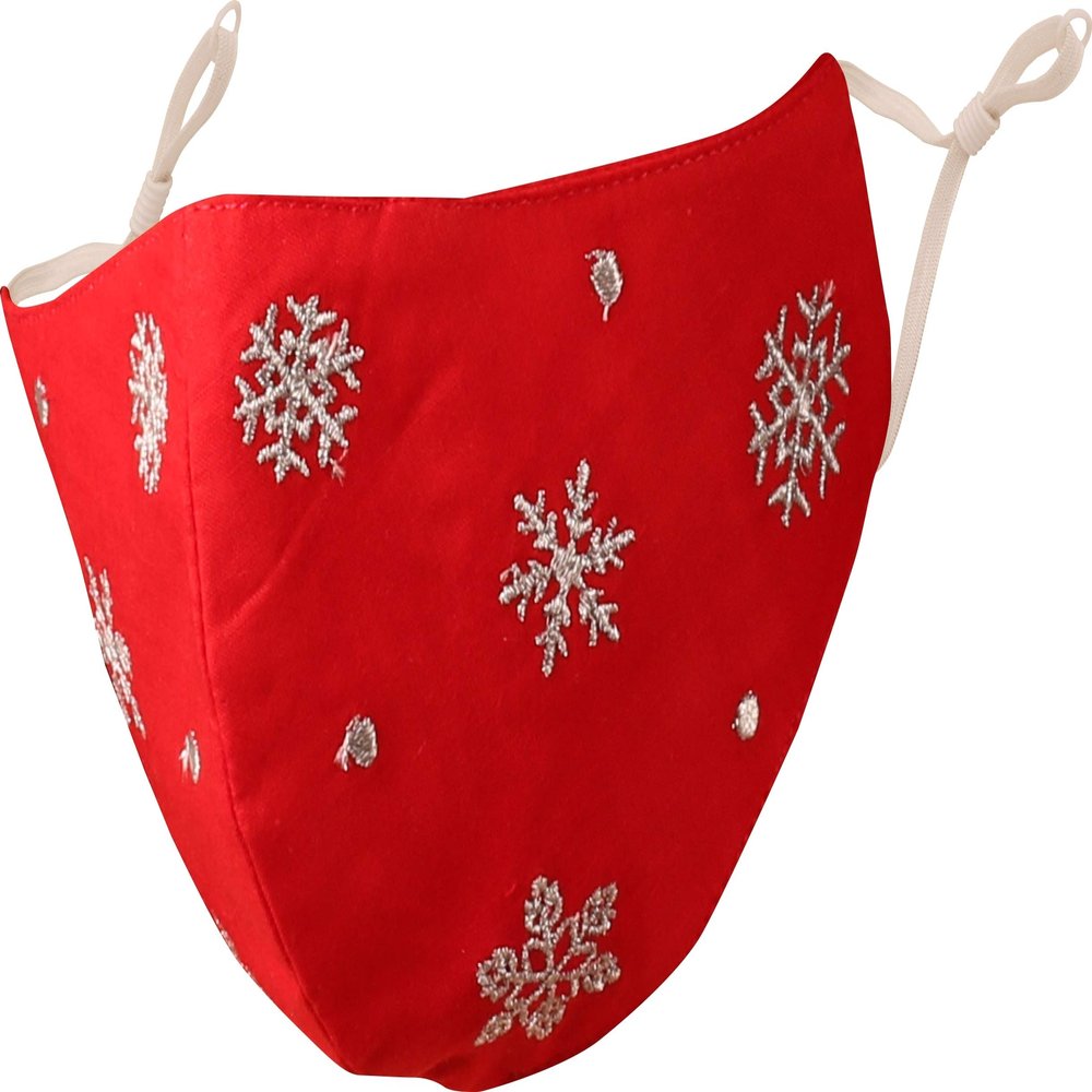 Touchstone Kids Christmas embroidered 3 layer cotton fabric face masks reusable machine washable adjustable for children. (Pack of 1). Silver on Red