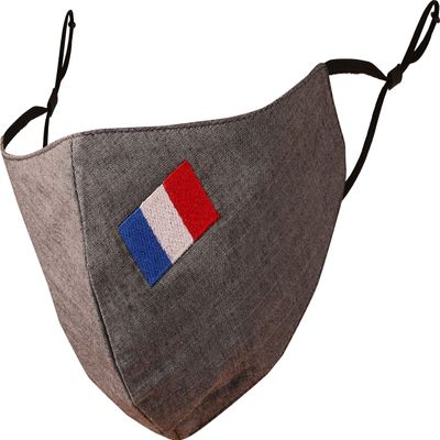 Touchstone Kids French Flag embroidered 3 layer cotton face masks reusable machine washable adjustable for children. (Pack of 1). Grey