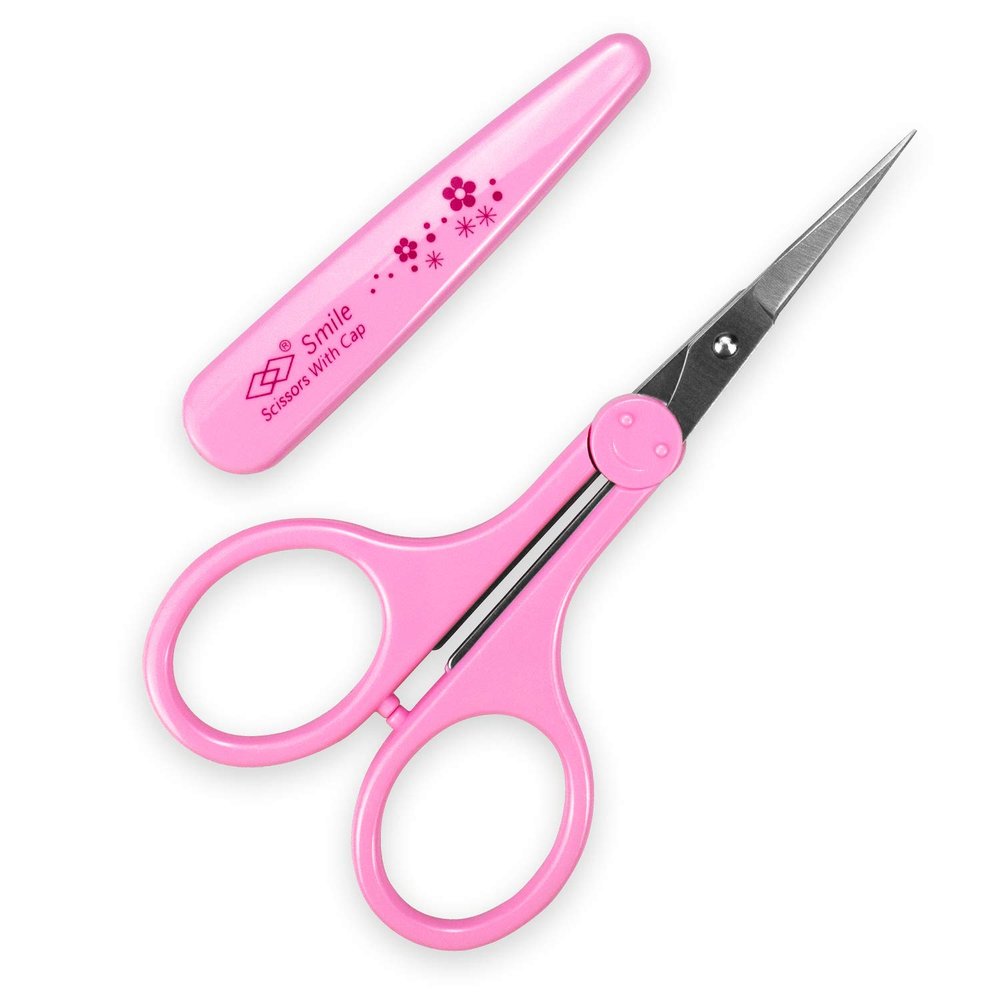 Humbee, Stainless Steel Hair Grooming and Trimming Scissors Set, for Facial Hair, Nose Hair, Eyebrow Scissors, Eyelash Scissors, Mustache, and Beard (Straight Edge, Pink Long Cap)