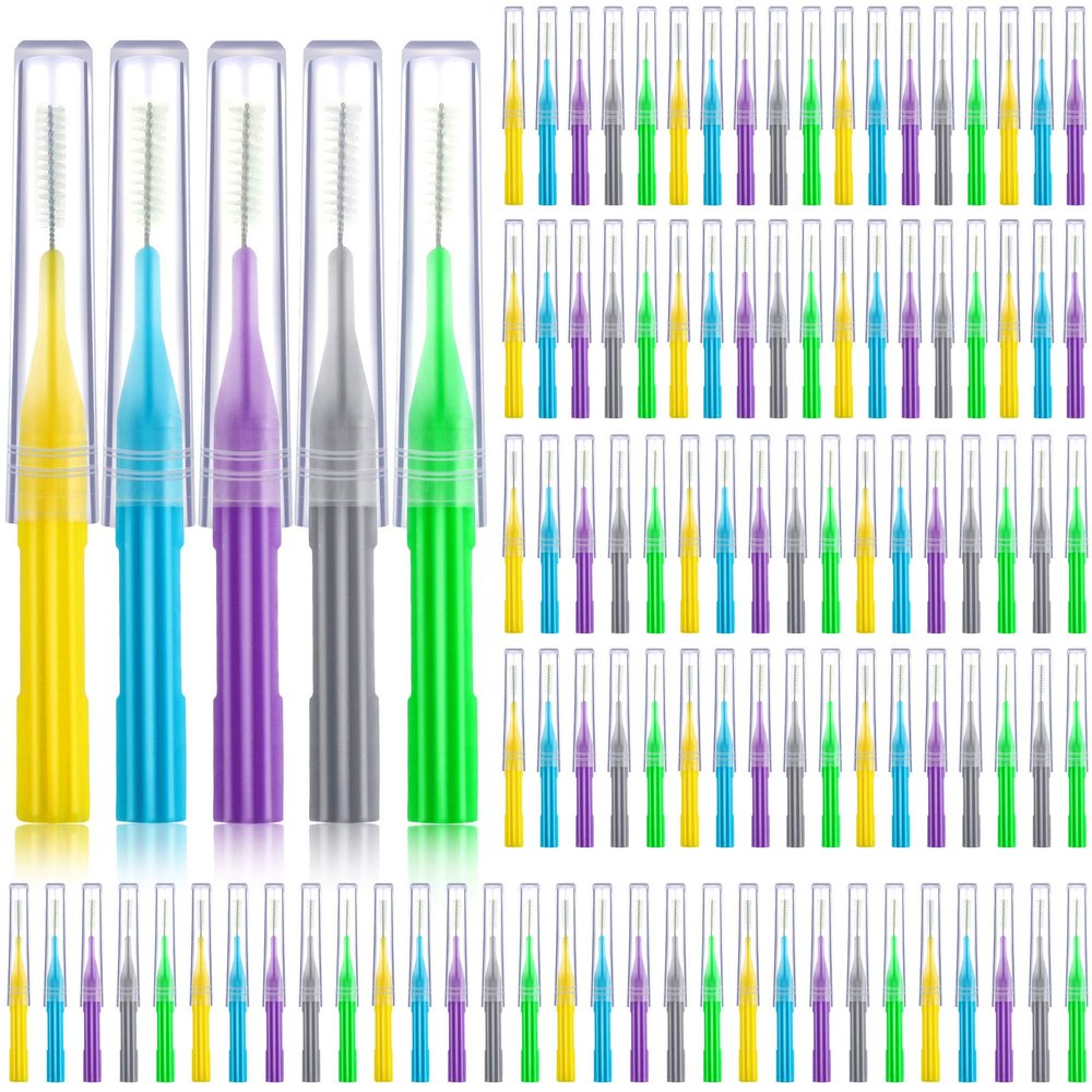 Patelai 100 Pieces Interdental Brush Dental Flosser Toothpick Cleaners Tooth Cleaning Tool (Light Blue, Yellow, Gray, Purple, Green)