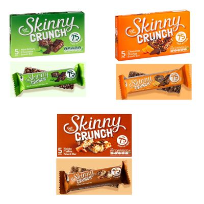 Chocolate Skinny Crunch snack bar, Sticky Toffee,Mint and Dark and Peanut Butter. 5 Bars in each and High in Fibre. 3 Packs
