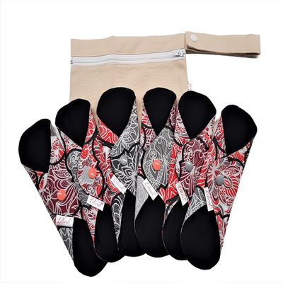 6 Pack Lilind 7" Black Organic Cloth Pads, Starter Set, Free Zip Wet Bag, Reusable Waterproof Menstrual Sanitary Napkins, 100% Cotton, 6x7"R Black on Flowers