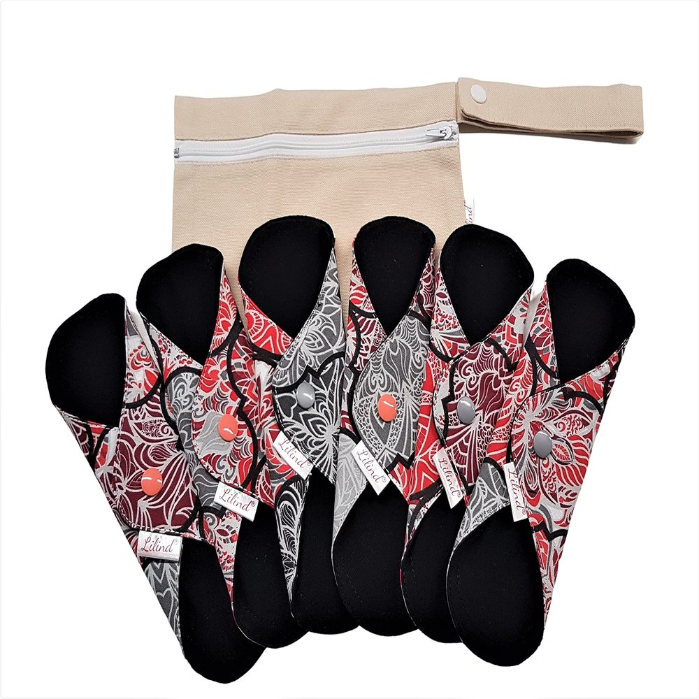 6 Pack Lilind 7" Black Organic Cloth Pads, Starter Set, Free Zip Wet Bag, Reusable Waterproof Menstrual Sanitary Napkins, 100% Cotton, 6x7"R Black on Flowers