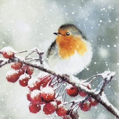 20 Napkins Winter Scene with Bird | Snow | Natural 33 x 33 cm