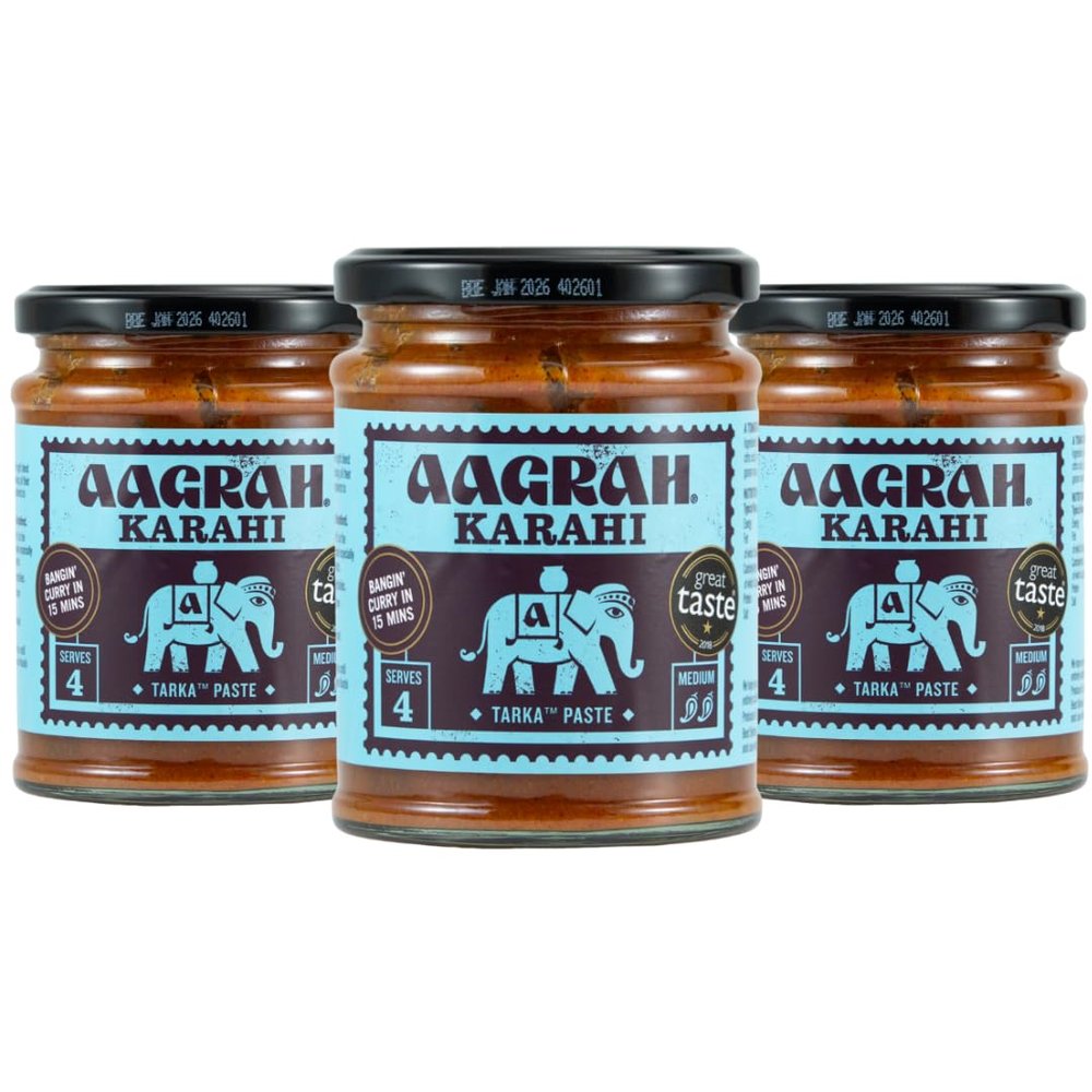 Aagrah Karahi Tarka Indian Curry Cooking Sauce - Authentic Restaurant Recipe Base - Medium-Mild - 270g Jar Serves 3-4 - Case of 3