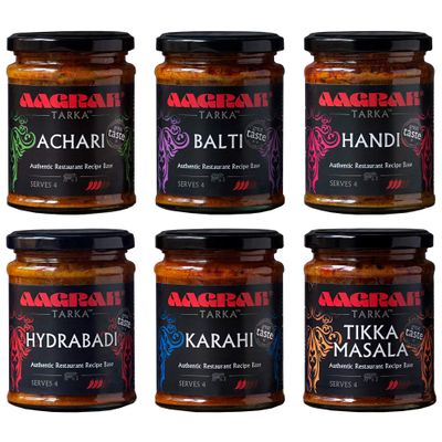 Aagrah Tarka Indian Curry Cooking Sauce - 6-Pack Mixed Selection - Karahi, Achari, Hydrabadi, Balti, Tikka Masala, Handi - Authentic Restaurant Recipes - 6 x 270g - Each Jar Serves 3-4