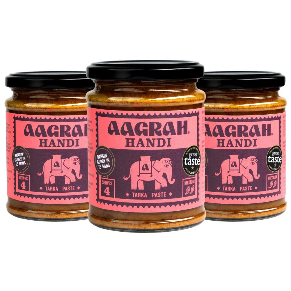 Aagrah Handi Tarka Indian Curry Cooking Sauce - Authentic Restaurant Recipe Base - Medium Heat - 270g Jar Serves 3-4 - Case of 3
