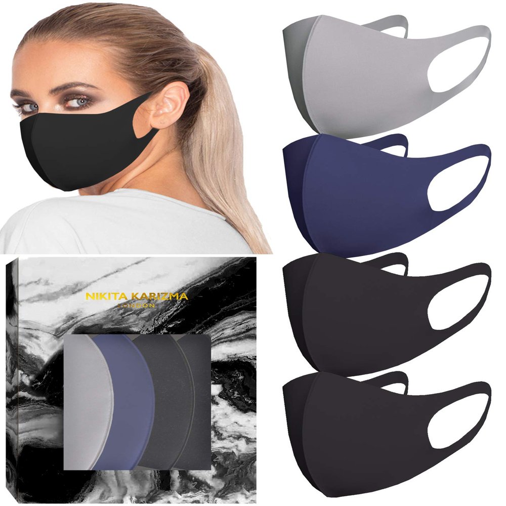 KARIZMA Styling Essentials Cloth Face Mask for Women Pack. 4 Buttery Soft Masks Washable Fabric. (Twilight) Navy, Grey and 2x Black Face Mask Reusable. Stretchy, Comfortable, Fresh Facemask.