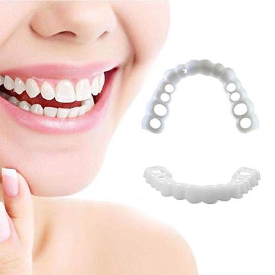 4 Sets Comfort Fit Flex Cosmetic Dentures False Teeth Veneers Top and Bottom, Temporary Tooth Filling Silicone Reline Denture Set, Fake Teeth Braces Essential for Dating and Work