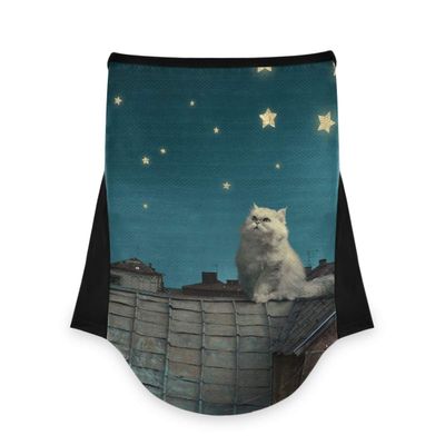 AJINGA Face Coverings Bandana Ear Loops StylishWhite Cat Kitten Fantasy Roofs Houses Sky Night Stars Women Neck Gaiters for Dust Wind Motorcycle Men