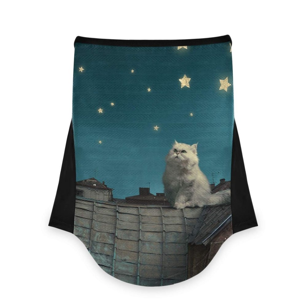AJINGA Face Coverings Bandana Ear Loops StylishWhite Cat Kitten Fantasy Roofs Houses Sky Night Stars Women Neck Gaiters for Dust Wind Motorcycle Men