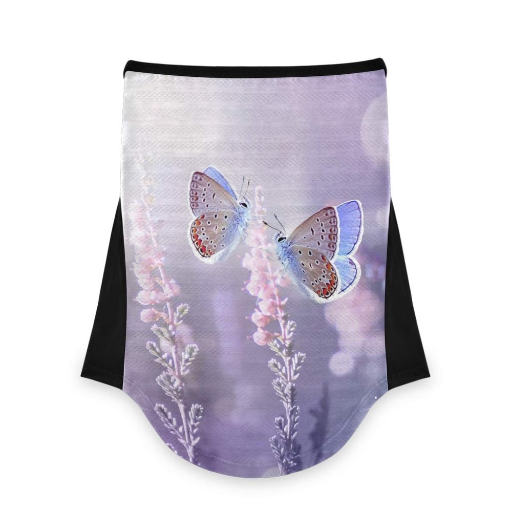 AJINGA Face Coverings Bandana Ear Loops StylishPurple Flower Butterfly Women Neck Gaiters for Dust Wind Motorcycle Men