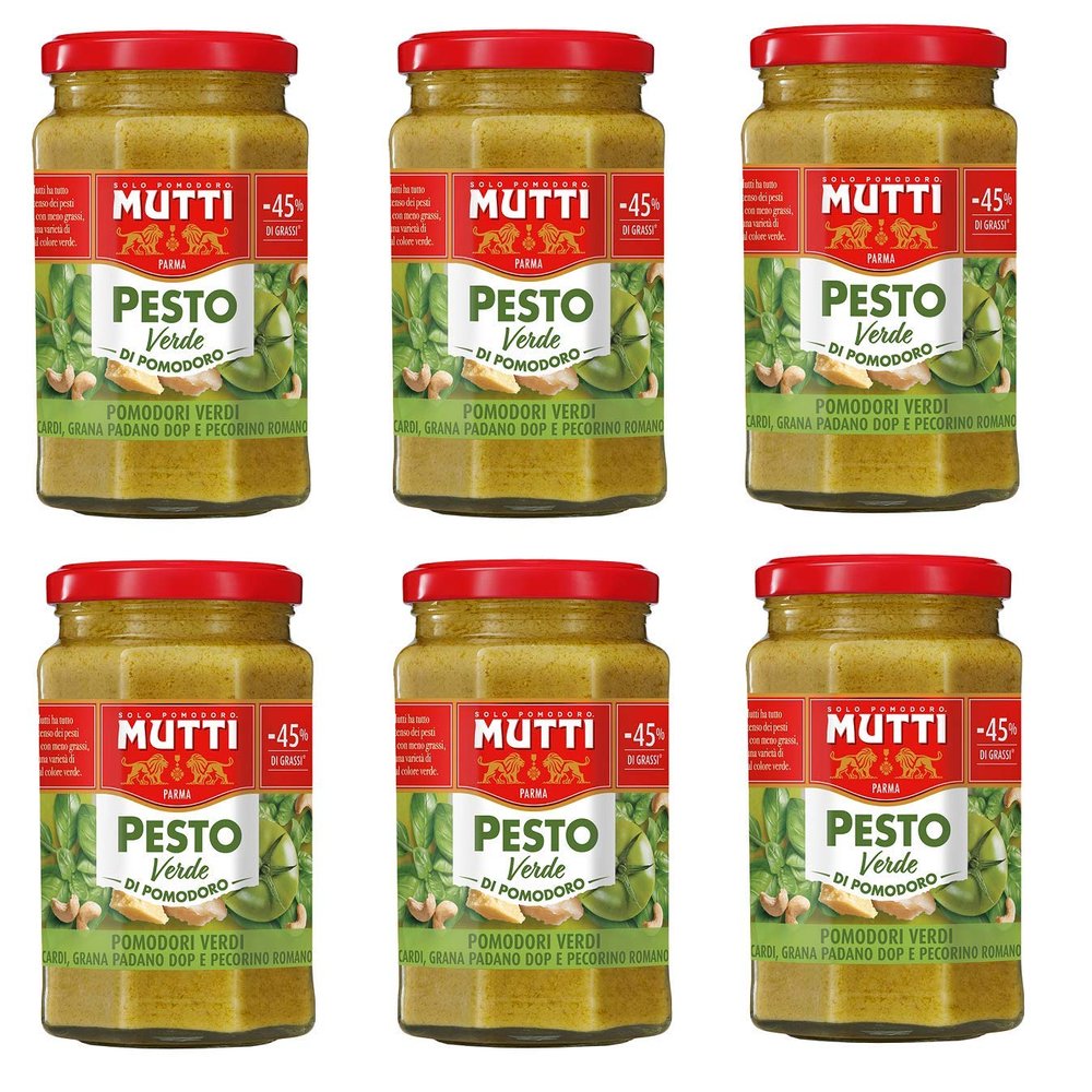6X Mutti Pesto Verde Pomodori Verdi Grnes Tomatenpesto Pasta Sauce 100% Italian Tomato 180g Glass jar with Cashew Nuts, Grana Padano and Pecorino Romano