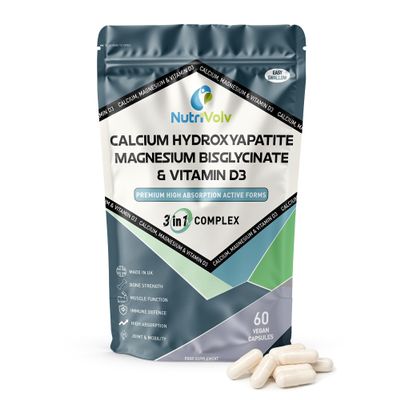 Calcium, Magnesium & Vitamin D3 | Premium Active Forms Complex | 60 Vegan Capsules | High Absorption Bone, Muscle & Immune Support | with Hydroxyapatite, Bisglycinate & Vegan D3 | by NutriVolv