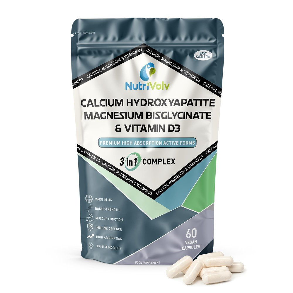 Calcium, Magnesium & Vitamin D3 | Premium Active Forms Complex | 60 Vegan Capsules | High Absorption Bone, Muscle & Immune Support | with Hydroxyapatite, Bisglycinate & Vegan D3 | by NutriVolv