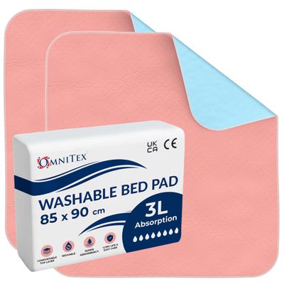 2pk Omnitex 3 Litre Washable Bed Pad Protector without Tucks - 85 x 90cm Reusable Incontinence Pad, 3 Litres Absorption Capacity - Tested to be safe and kind to skin