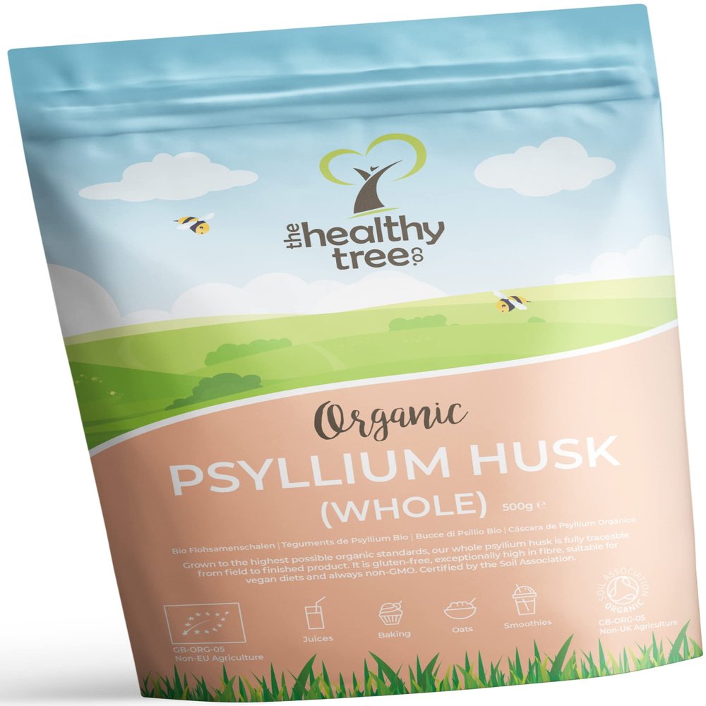 Organic Psyllium Husk (Whole) by TheHealthyTree Company - High Fibre Prebiotic - Pure Vegan Organic Psyllium Husks (500g)